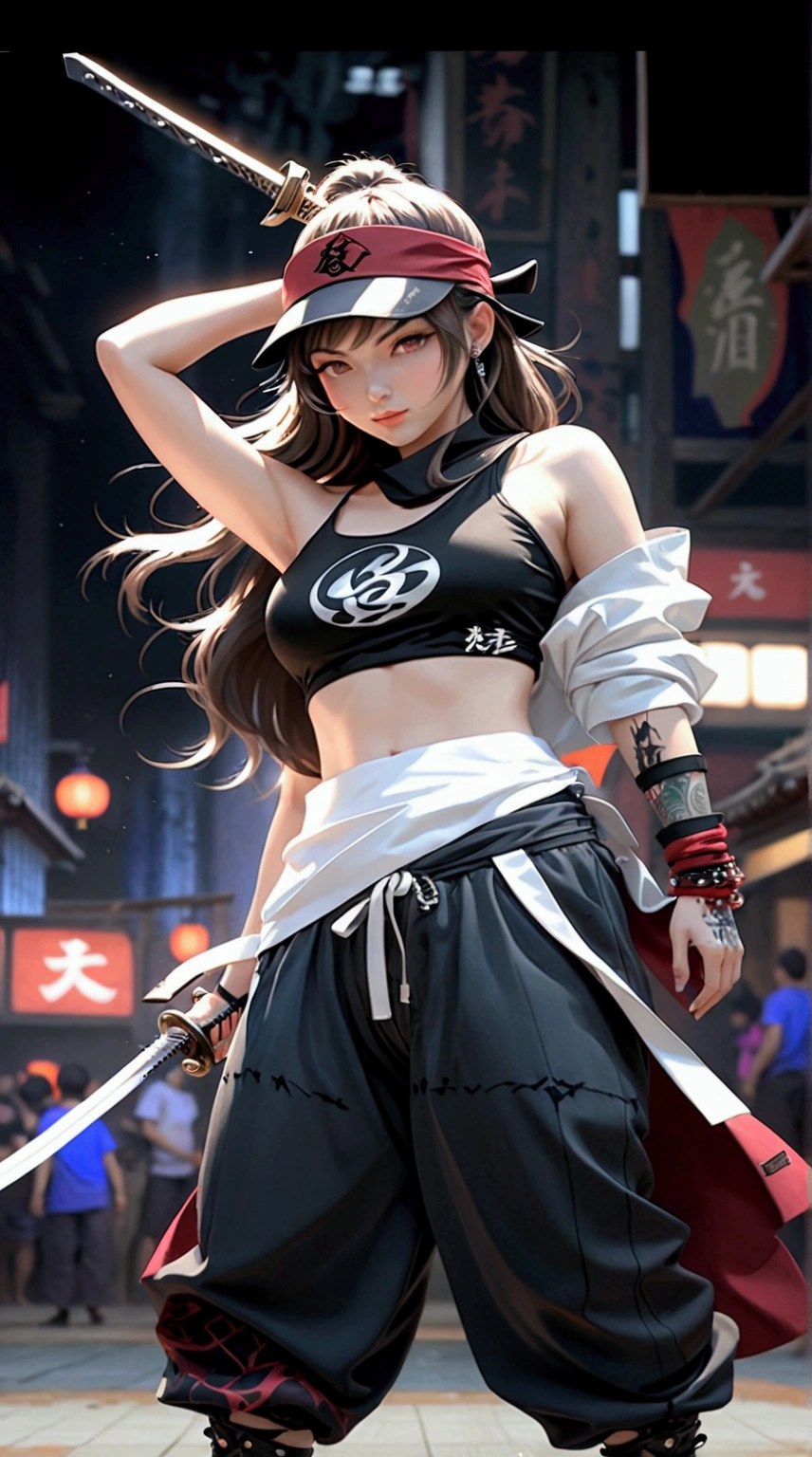 (Japanese sword &reference;Muramasa 2&reference;.2)Two beautiful women、Japanese swordを持った女性、Shinobi Costume、Warrior、Clear Eyes、{Arm tattoo、Warrior、Realistic battle scenes、敵Warriorの返りBlood、Blood、High resolution、Highest quality、Very detailed、8k、background、