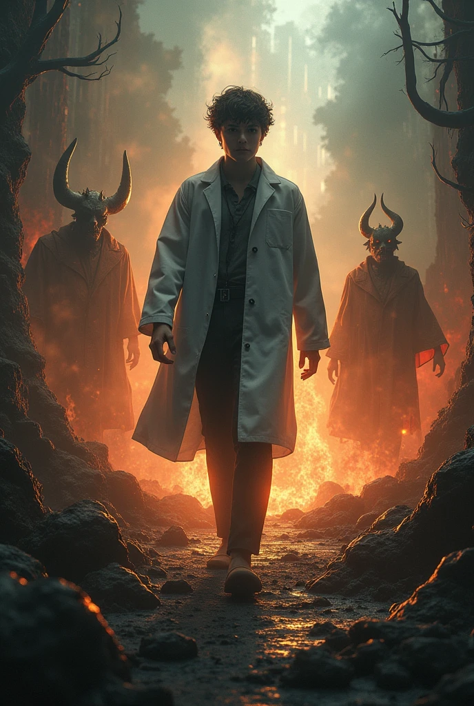 Create a young doctor walking through hell
