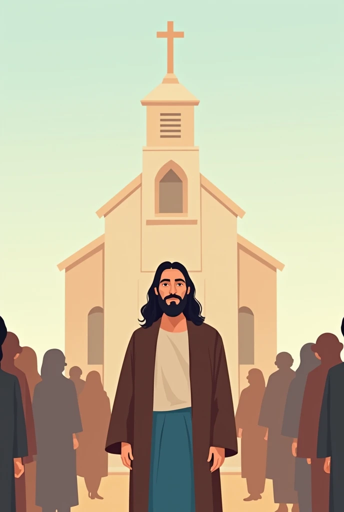 (minimalistic drawing)(carton) (man 3 appearance of jesus christ ) standing in front of a church (he is wearing a brown coat and blue pants ) to many people around him
