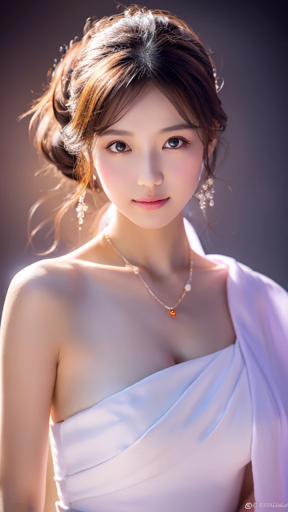 最high quality, masterpiece, High resolution, One person, Chinese Hanfu,Chinese Architect Background, Light purple scarf, hair ornaments,necklace, jewelry,Beautiful Face,On top of that_body, Tyndall effect,Realistic, Dark studio, Rim Light, Two-tone lighting,(Skin with attention to detail:1.2), 8k uhd, Digital SLR, Soft lighting, high quality, Volumetric lighting, Frank, photograph, High resolution, 4K, 8k, Bokeh,Girl in white dress