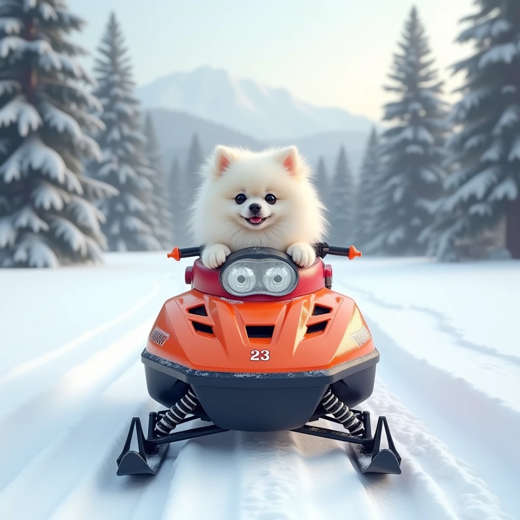 snow, Red and orange snowmobile,23 logo in a circle, white pomeranian baby, scenery,