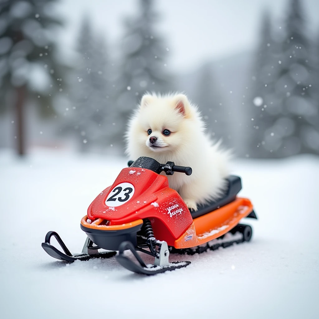 snow, Red and orange snowmobile,23 logo in a circle, white pomeranian baby, scenery,