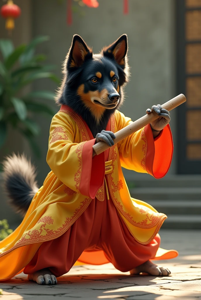A beauceron wearing a Yellow and red Chinese Hanfu with orange trimmings. Playing a flute. Doing tai chi.