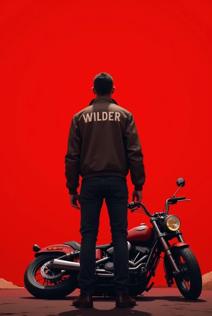 As an image of a man standing with his back turned with the name WILDER on his jacket standing in front of a red motorcycle with the motorcycle on its side