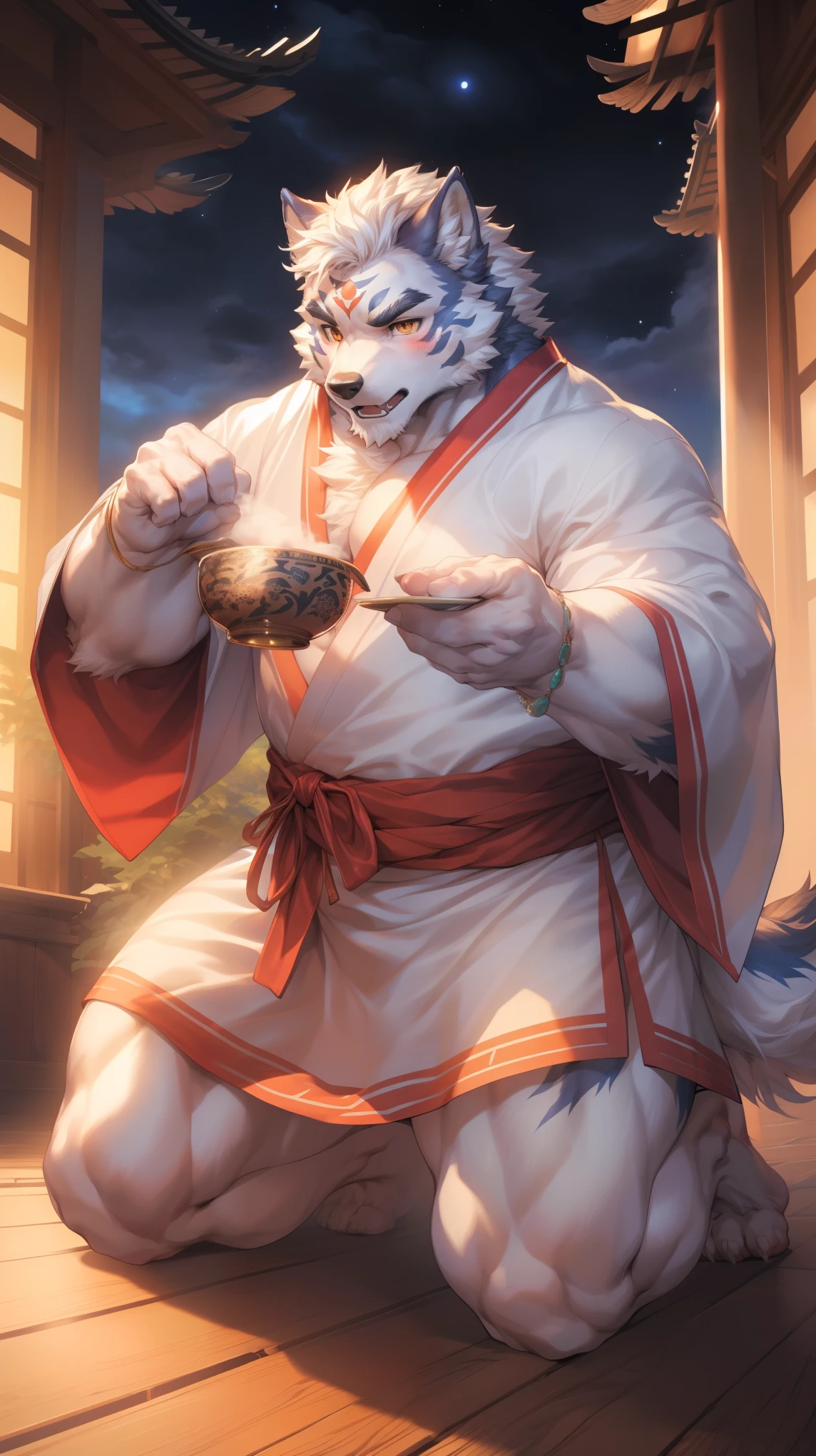 (By Empty Ghost, From thebigslick, By Dark Gem, Will chase), Keyuan Building (Onmyoji Daisenji Temple), High quality photos, Perfect anatomical structure, Anthropomorphic white wolf, male, 30 years old, (wolf print), Thick eyebrows, short hair, Strong body, Fat, White pectoralis major, White Kimono, Pine tree pattern embellishment, Small bump, Pink milk clusters, Kneeling on the wooden floor of the courtyard, a cup of tea, Shy expression, blush, Golden pupils, Look up at the audience, (Dynamic poses:1.5), Clear facial features, Strong, solitary, Bottom view, Full body portrait, night, Starry Sky, Foggy atmosphere, In the classical garden, White pebbles can be seen everywhere, wild plants, (By Empty Ghost, From wolf20, masterpiece, high quality, high resolution, 8k)