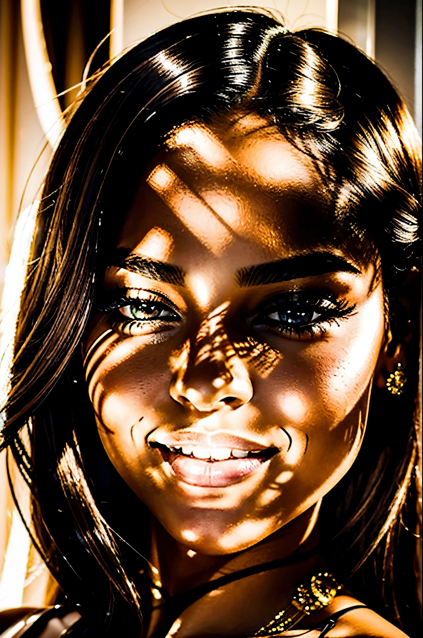 high resolution photo frontal portrait of a black woman that has a radiant oval face with a striking and captivating appearance, radiating elegance and charm. A beautiful 2 woman with delicate and feminine facial features. Her long, wavy black hair frames her face in a charming way, while her warm honey brown eyes shine with intelligence and warmth and are framed by long, dark lashes and well-shaped eyebrows. Her facial features are perfectly balanced, with an elegant nose and softly defined cheekbones. Her cheekbones, her facial features are high and prominent, perfectly balanced, with softly small and elegantly defined cheekbones. Her smile is radiant and infectious, lighting up the room whenever she enters. Her full, naturally pink lips add a touch of seduction to her already captivating presence and often curve into a warm, friendly smile that reaches her eyes. Gabriela meticulously takes care of her appearance, maintaining clear, smooth and flawless skin with a golden tone that enhances her natural beauty and radiates a healthy glow. Her oval face is complemented by long, flowing blonde hair that cascades over her shoulders with a natural, healthy glow. Overall, Gabriela has a classic, timeless beauty with an approachable girl-next-door charm --style raw --ar 3:4