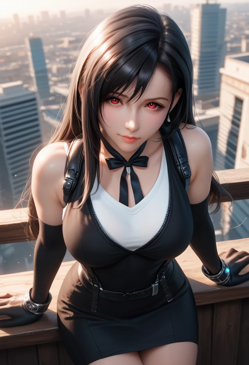 8k,masterpiece,basic quality、(1 person),Tifa Lockhart,Red eyes,View from above,City roofs,Black Hair Color,Long white hair,Professional Lighting,(Glowing Skin:1.2),Shiny big,((Highest quality)),Lock Focus:1.2,Highly detailed face and skin texture,Delicate eyes,Perfect face,Perfect body,Blur Art,CG,background,Mature and cool face,、Black slip dress,Black elbow gloves, White tight shirt,thigh,