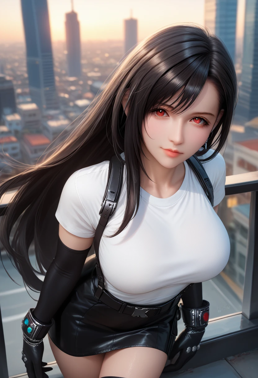 8k,masterpiece,basic quality、(1 person),Tifa Lockhart,Red eyes,View from above,City roofs,Black Hair Color,Long white hair,Professional Lighting,(Glowing Skin:1.2),Shiny big,((Highest quality)),Lock Focus:1.2,Highly detailed face and skin texture,Delicate eyes,Perfect face,Perfect body,Blur Art,CG,background,Mature and cool face,、Black slip dress,Black elbow gloves, White tight shirt,thigh,