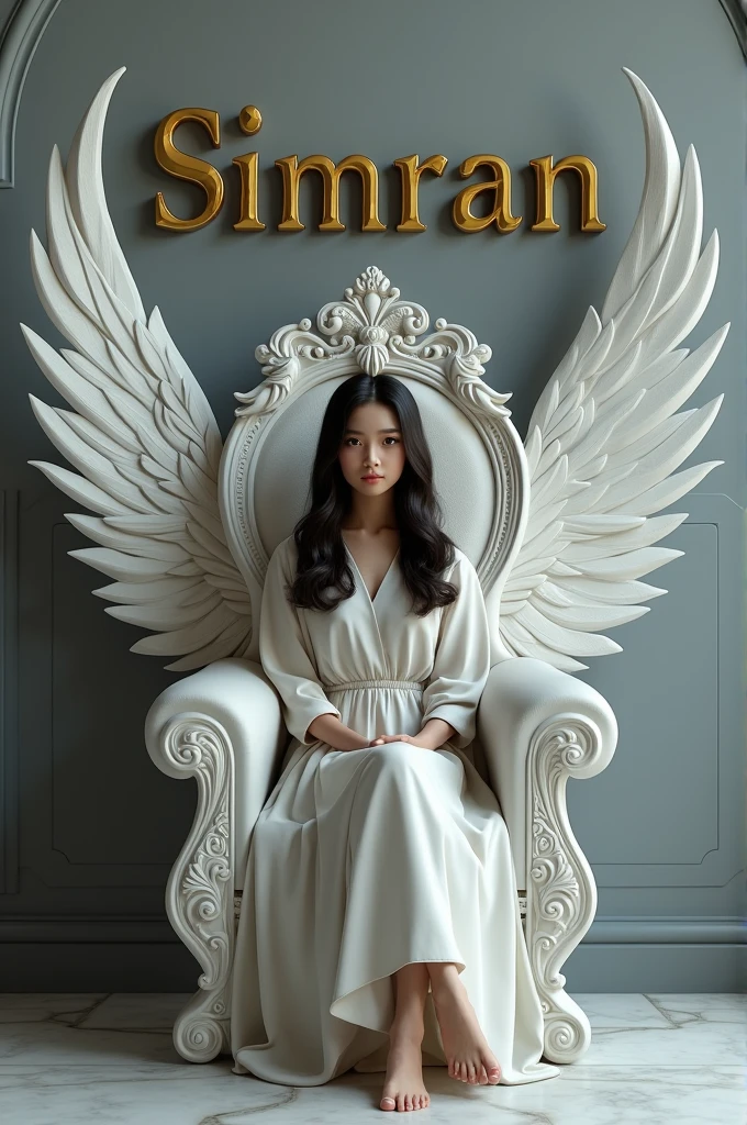 create realistic image A  girl is sitting on a queen chair with white wings and behind him the color of the wall is gray on which "simran" is written in curve style