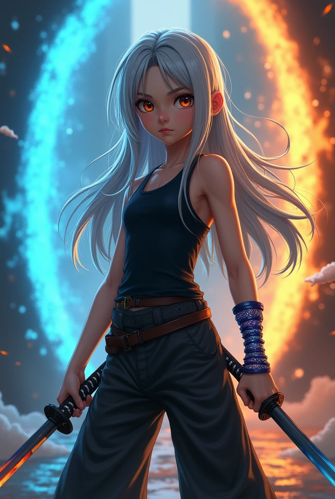 Determined young white girl with long gray hair, big amber eyes and a black tank top and black pants and a bracelet shining blue and orange holding two katanas and with two blue and orange portals around her
