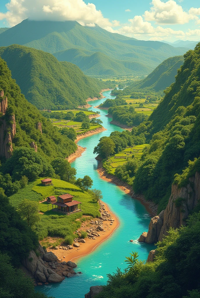 The Kalinago elders spoke of a time when Waitukubuli was blessed with exactly 365 rivers, each one flowing like veins through the island's fertile soil. Every river had its own unique story, its own purpose, and its own connection to the people. These rivers were the lifeblood of the island, providing fresh water for the crops, the animals, and the people who lived in harmony with the land., illustration