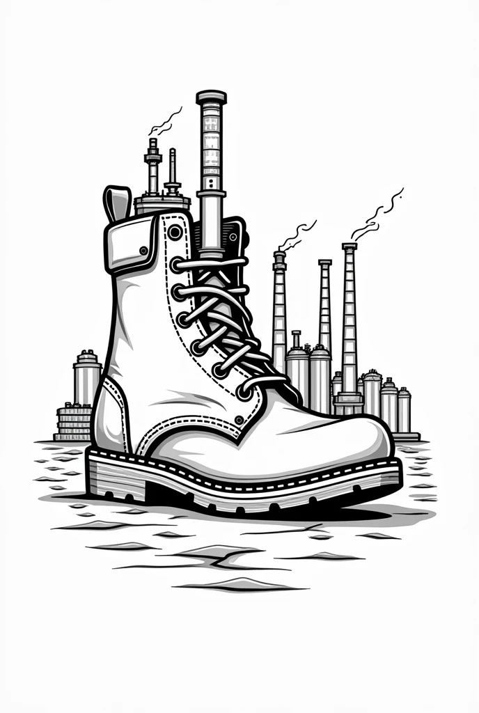 Create a logo for a brand called Nicadabra footwear using an oil factory inside an industrial boot all with black lines only