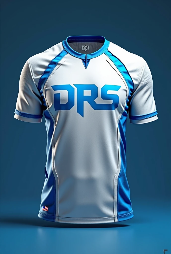 Creat a esports jersey for drs gamming in white and blue and place drs logo in tight top.logo look like DRS written with blue icy color .