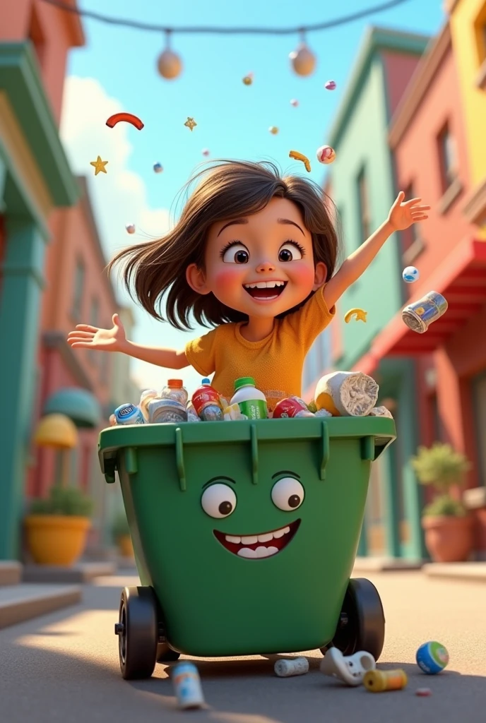 A girl throwing trash into an animated dumpster