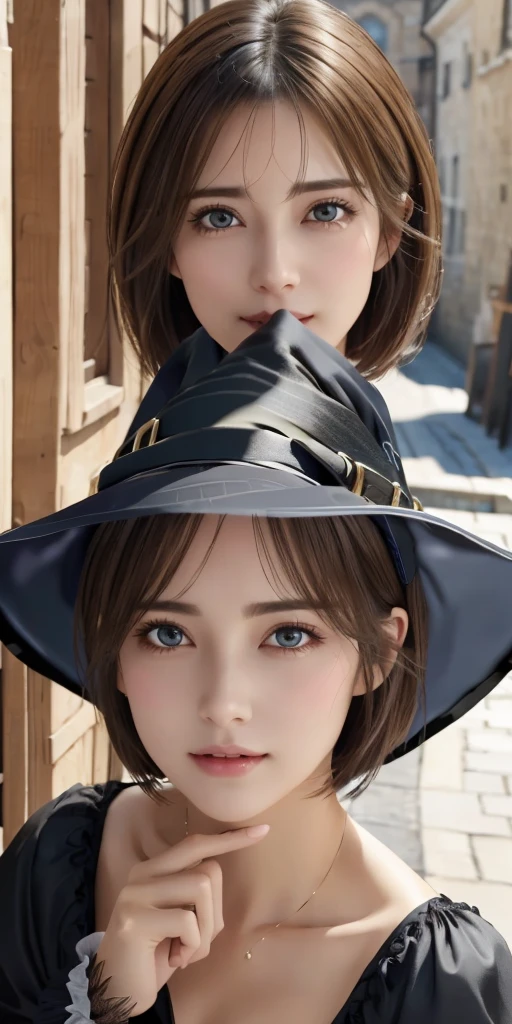 Photorealistic、highest quality、Highest quality、masterpiece、Ultra-high resolution、Raw photo、Realistic、Bright lighting、Face Light、Smooth Professional Lighting、Looking at the camera、alone、Adult women、Beautiful woman、Super Beauty、Realistic肌、Moisturized Skin、Realistic eyes and faces、Perfect model body shape、Beautiful Eyes、Big eyes、Inconspicuous tear bags、slim、Medium sized big breasts、Beautiful fingers、Very short hair、Black Hair、black eye、seems to be happy、Cowboy Shot、(Both ears are hidden in the hair)、(((Witch Costume)))、Fantasy World、Medieval European streets