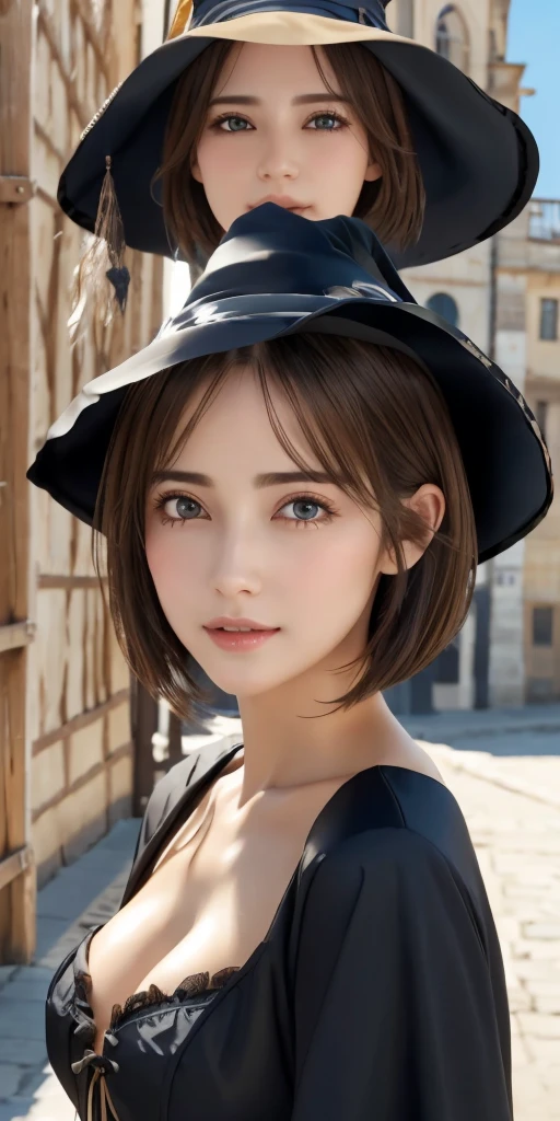 Photorealistic、highest quality、Highest quality、masterpiece、Ultra-high resolution、Raw photo、Realistic、Bright lighting、Face Light、Smooth Professional Lighting、Looking at the camera、alone、Adult women、Beautiful woman、Super Beauty、Realistic肌、Moisturized Skin、Realistic eyes and faces、Perfect model body shape、Beautiful Eyes、Big eyes、Inconspicuous tear bags、slim、Medium sized big breasts、Beautiful fingers、Very short hair、Black Hair、black eye、seems to be happy、Cowboy Shot、(Both ears are hidden in the hair)、(((Witch Costume)))、Fantasy World、Medieval European streets