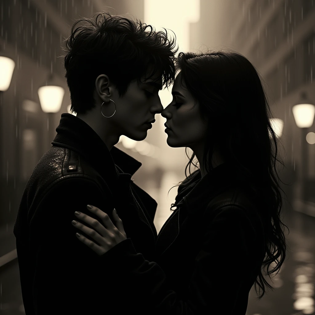 image noir et blanc, deux jeune s'embrassent sur la bouche en se regardant dans les yeux, sous la pluie, lèvres humides, éclairage en couleurs jaune, analog style
