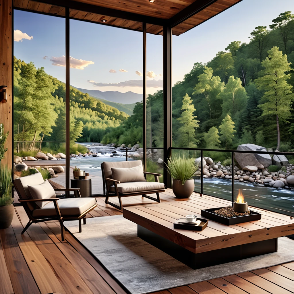 Design a modern cabin retreat with stunning mountain and river views. The setting features a sleek wooden deck with contemporary furnishings, Includes a minimalist chair and a modern coffee table. Use soft lighting to create a calming atmosphere. Enhance the natural beauty with strategically placed potted plants and clear views of the surrounding woods and river。. The design、It needs to blend modern elegance with the rustic charm of a cabin in the woods.。.