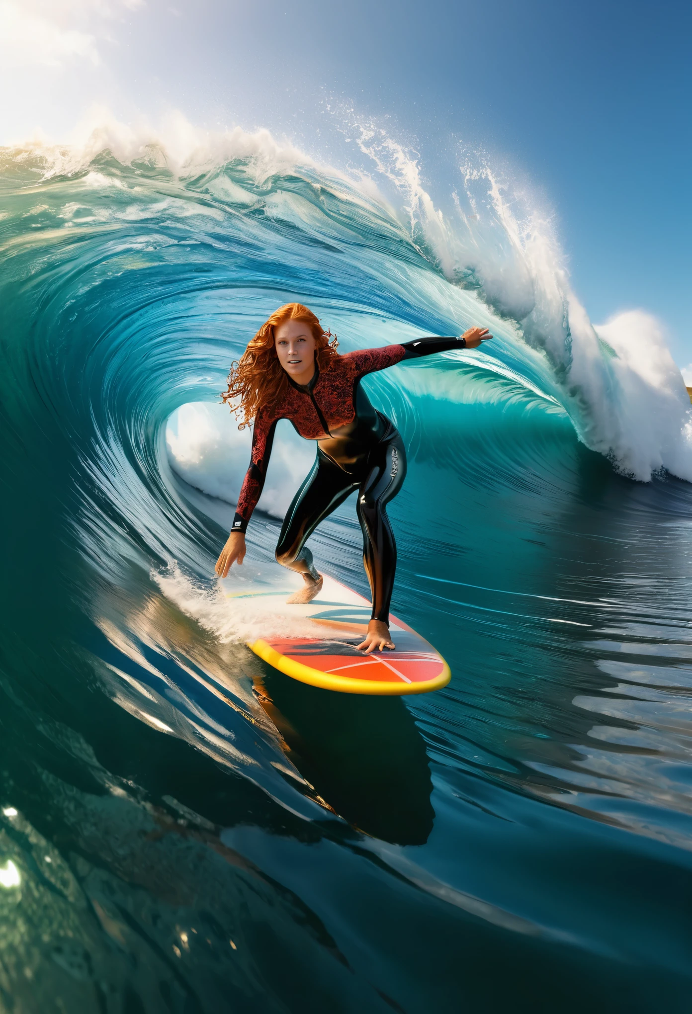 of the highest quality,masterpiece ,ultra high resolution,(real:1.4),Photo original,ultra high resolution,8k,There is a sublime red-haired surfer woman, clear skin, Exquisite makeup,big waves,Sexy and sublime fine latex lace bodysuit :1.5, sublime long legs, Bright and beautiful, surfing on the roll of a huge wave with fractal details, inside the wave, surfer pose on his surfboard, dynamic movement towards the photographer