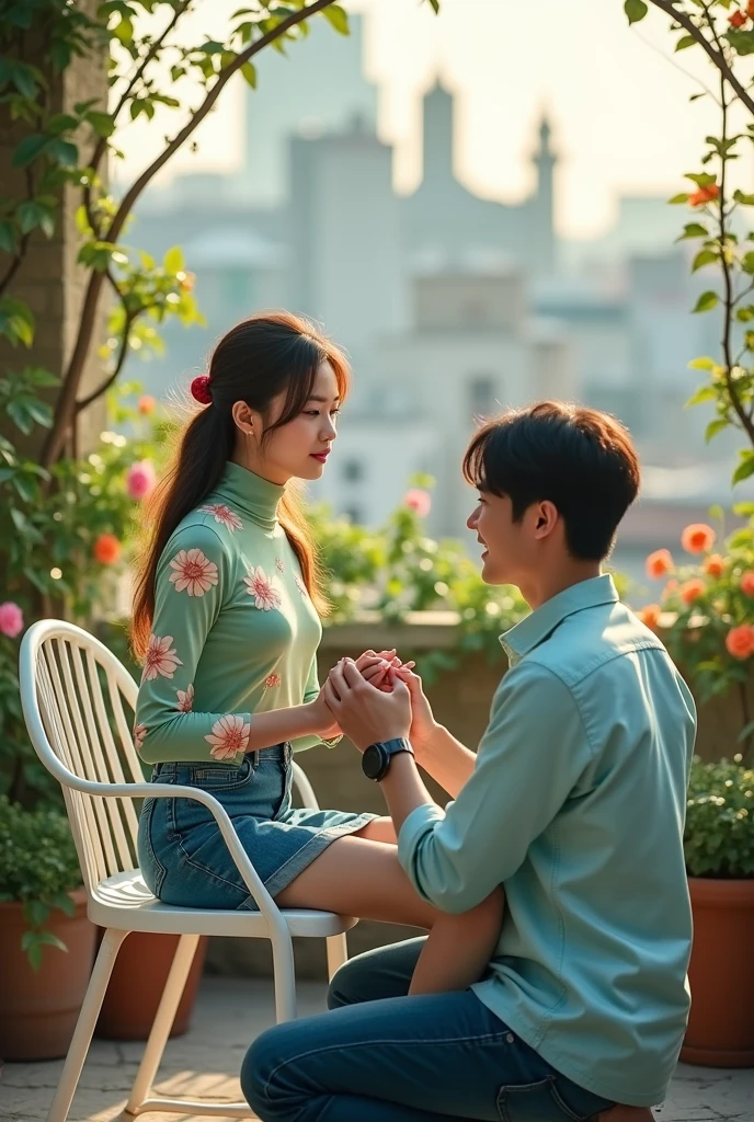 a beautiful japanese woman with messy bun highlighted brown hair, turtle neck light green ((floral print fabric)) inner top and blue jeans skirt, the woman is is sitting on the white garden chair in a rooftop garden, roses vines, man is on his knee infront of woman and hold her hand. the man is handsome japanese man wearing loose ((satin)) light blue shirt and jeans. particles and nice lighting, UHD, HDR, 8k, Masterpiece, realistic, hyper realisitc, man is facing camera, focus on his smiley face. photo from behind woman's back, over shoulder shot.