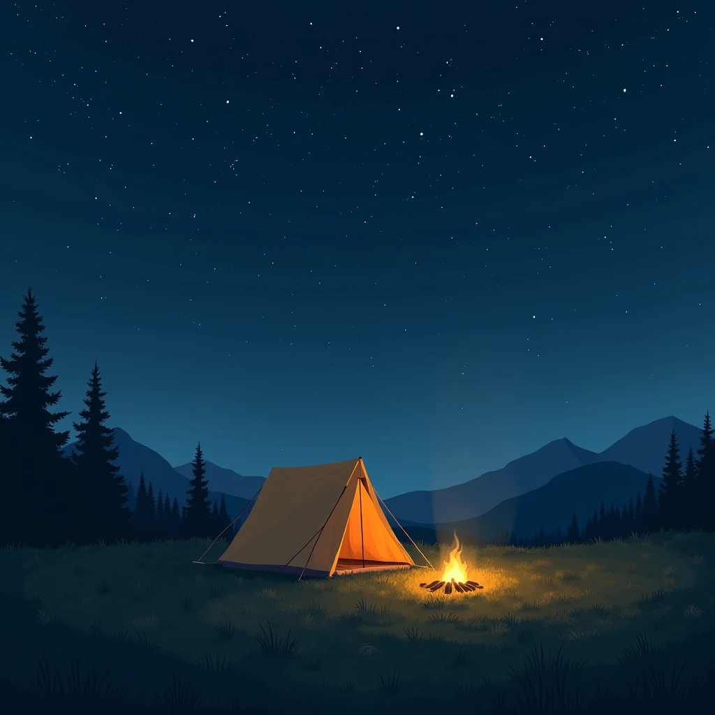 "Camping on a grassy field at night, with a dark sky and nighttime scenery."