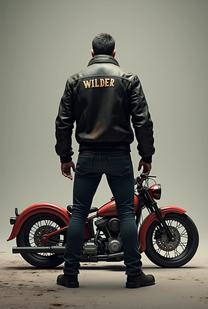 As an image of a man standing with his back turned with the name WILDER on his jacket standing in front of a red motorcycle with the motorcycle on its side in 3D