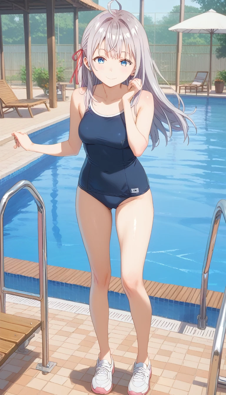 score_9, score_8_up, score_7_up, source_anime, masterpiece, absurdres, medium breasts, mature woman ,perfect face, 1girl, cute expression, smiling, looking at viewer, full body, standing, arched back, pool, alisamikhailovna, alisamikhailovna kujou, long hair, bangs, blue eyes, ahoge, gray hair, red ribbon, white school swimsuit