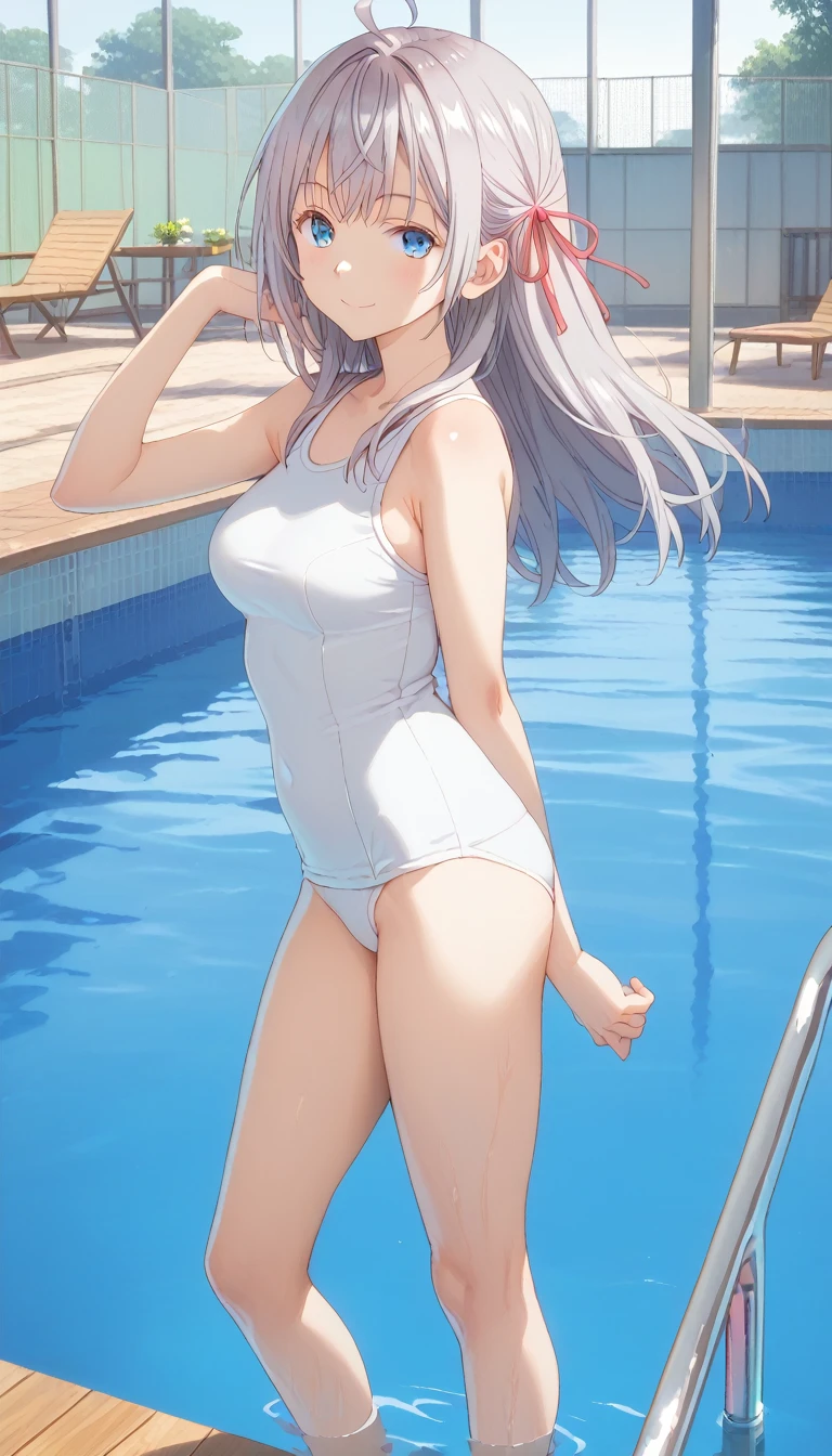 score_9, score_8_up, score_7_up, source_anime, masterpiece, absurdres, medium breasts, mature woman ,perfect face, 1girl, cute expression, smiling, looking at viewer, full body, standing, arched back, pool, alisamikhailovna, alisamikhailovna kujou, long hair, bangs, blue eyes, ahoge, gray hair, red ribbon, white school swimsuit