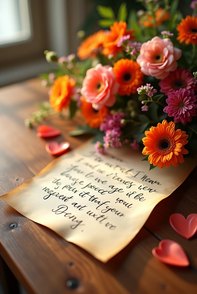 A letter is in the basket with the bouquet of flower, on the table