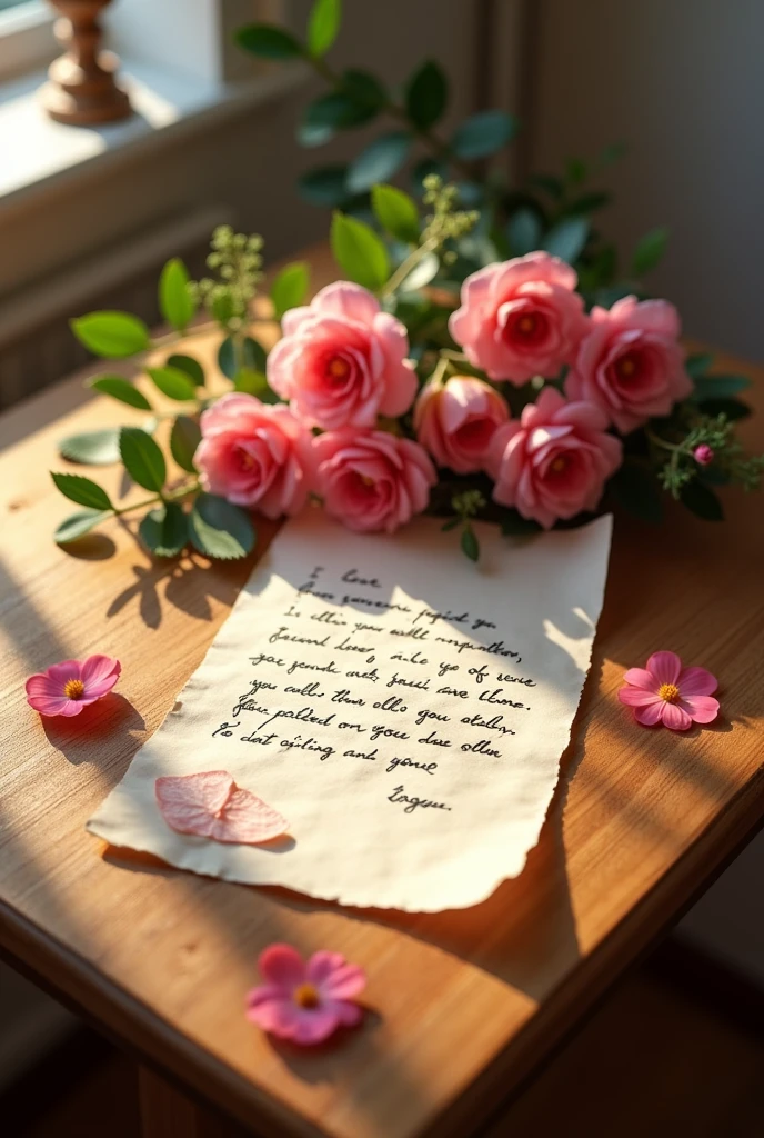 A letter is in the basket with the bouquet of flower, on the table