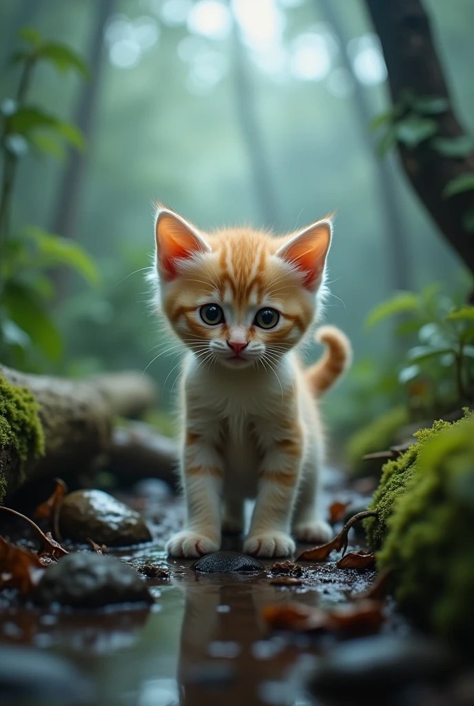 Cute close-up photo of a kitten lost in the woods., Overcast (rain: 1.3), (Kinetics: 1.2), complicated details, ((A cat walks in the forest.)) ,Two-legged standing
