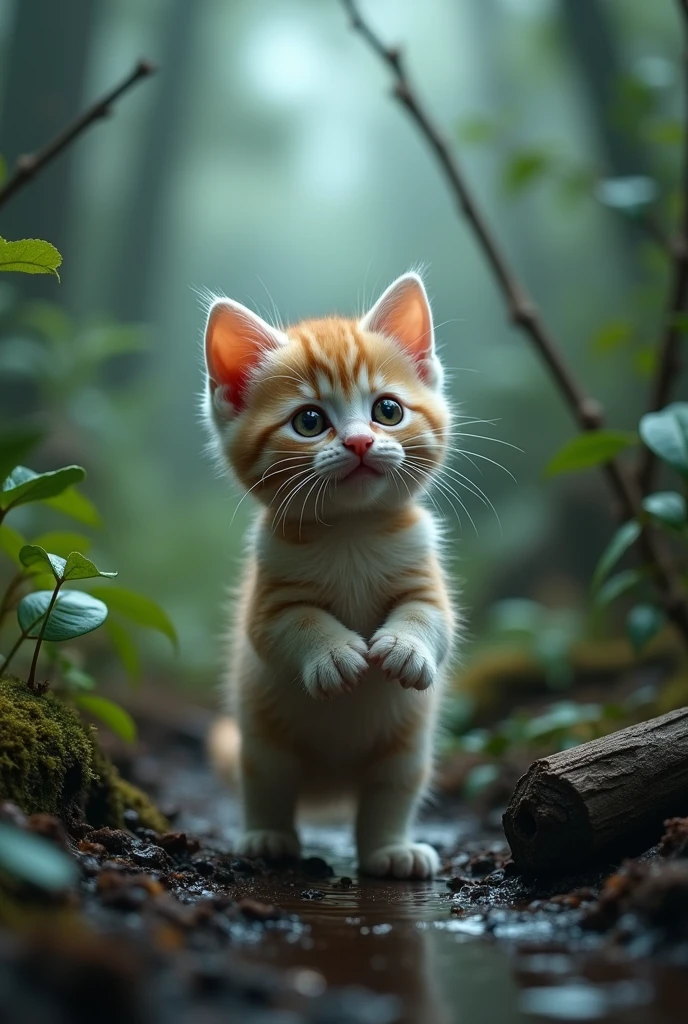 Cute close-up photo of a kitten lost in the woods., Overcast (rain: 1.3), (Kinetics: 1.2), complicated details, ((A cat walks in the forest.)) ,Two-legged standing