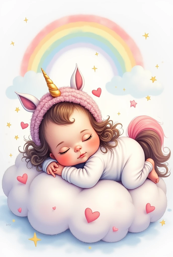 Make a watercolor type image of a 3 month old baby girl with curly hair, long brown hair dressed as a unicorn lying on a cloud with little stars and light colored hearts and a rainbow