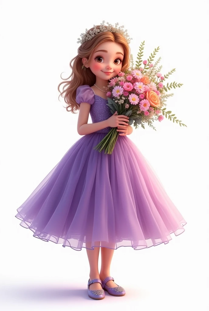 white background,baby girl standing,wearing beautiful party frock,purple shade full frill frock,wearing beautiful shoes,she holding large bunch of flowers,some flowers are fell down,nice smiling Sophia face,hide half face of flowers