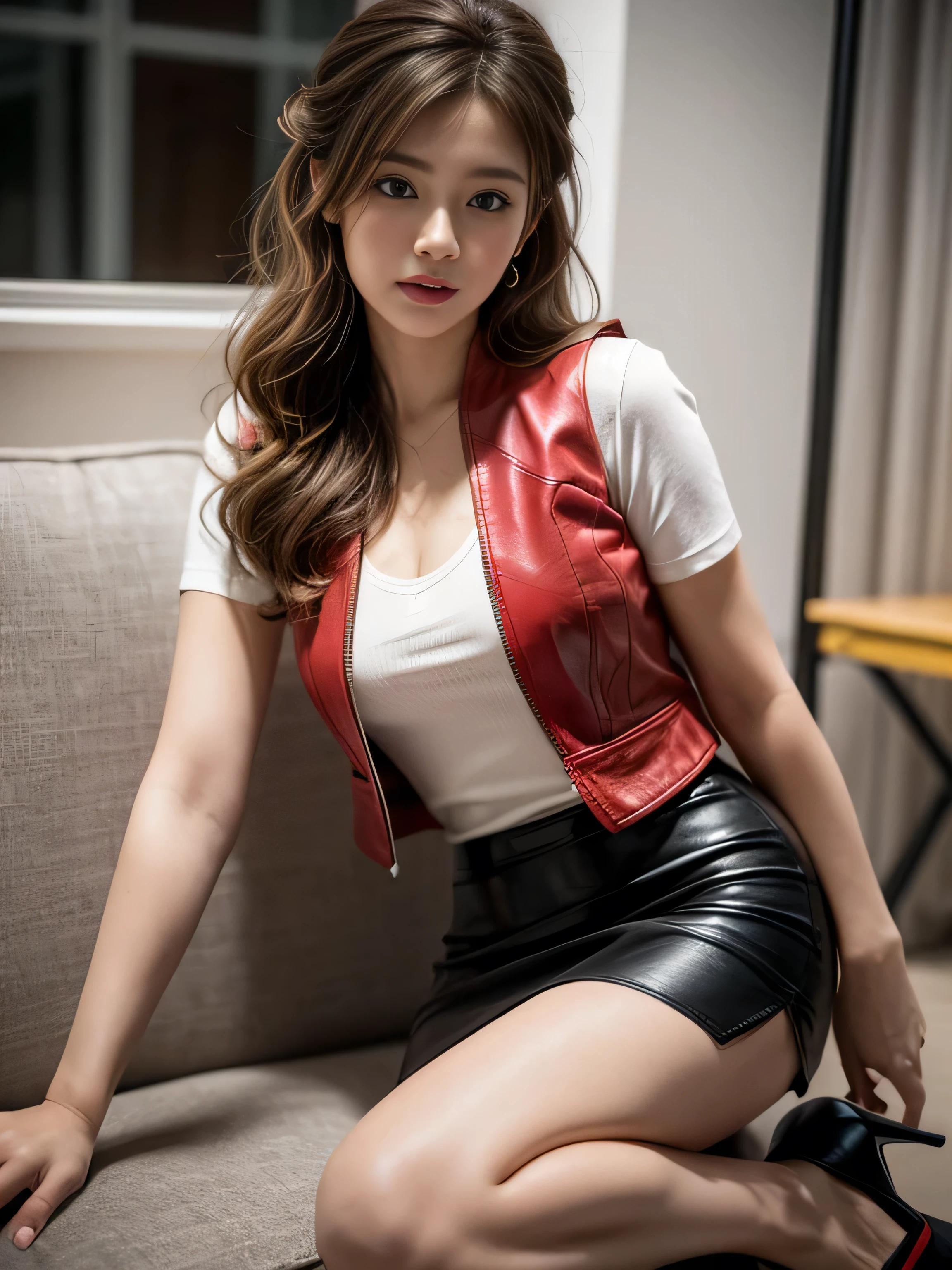 a young student girl, 1, (wearing a break white shirt:1.3), (red short leather vest:1.3), (black leather miniskirt:1.3), (pencil skirt:1.3), (Shallow slit:1.3), (black high heels:1.3), big round breast, ((updo hairstyle, Dark blonde hair, wavy hair, long hair:1.3)), (photorealistic:1.2), (ultra realistic:1.3), (very detailed:1.1), ((masterpiece)), (Hand Details:1.3), at night, Office, depth of field, close up.