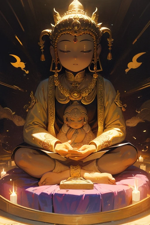A drawing by a lower grade elementary school student, paints, Buddhist statue, elaborate decoration, Surrounded by an aura of divine light