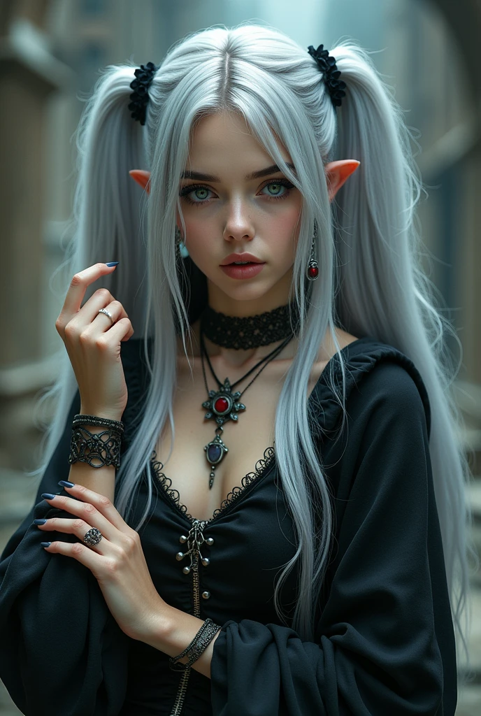 A beautiful woman with long silver hair in twin tails, wearing a vintage gothic style hoodie, posing in a colossal setting, cute and detailed facial features, adorned with a necklace, ring, bracelet, and earrings, high quality, photorealistic