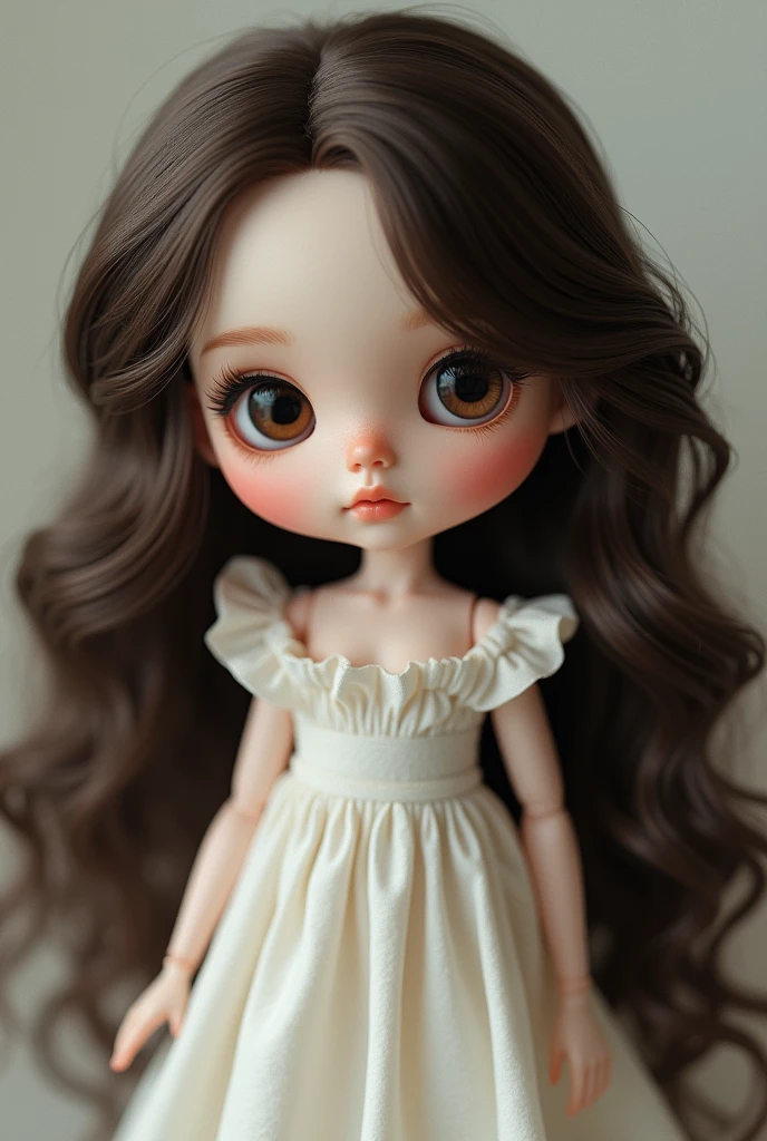 make me a blythe doll with white skin, long curly dark brown hair, brown dark eyes