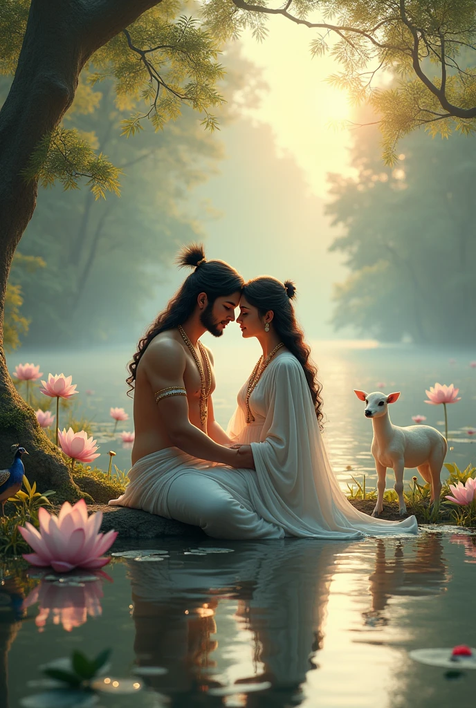 Cute radha krishna sitting near lake with love with calfs peacocks lotus around them in the morning wearing white dresses 