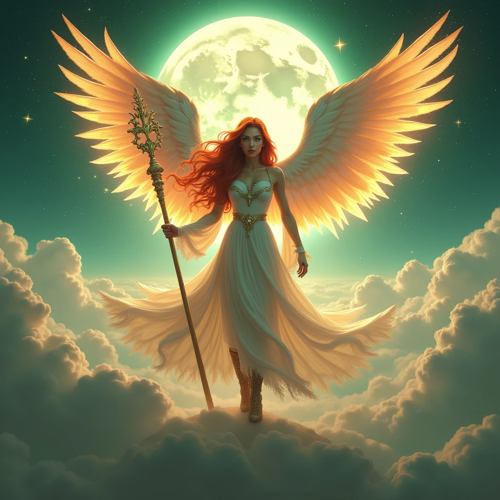 In the celestial expanse of fantasy heaven, a majestic Aasimar sorceress stands tall, bathed in divine light, as she unleashes a blazing spell. Set against a panoramic backdrop of a full moon, twinkling stars, and wispy clouds, her figure is rendered in photorealistic detail, with high-heel boots and flowing red locks billowing behind her. Her intense green gaze pierces the radiance, as her staff crackles with energy, illuminating the delicate features of her ultra-feminine visage. Angelic wings, spread wide like embracing arms, frame her silhouette against the soft focus of the clouds, while the cinematic lighting casts a dramatic shadow on the heavens, highlighting the sorceress's regal presence , retina, accurate, masterpiece, super detail, high details, best quality, award winning, highres, HD, 4K, 8k, 16k,