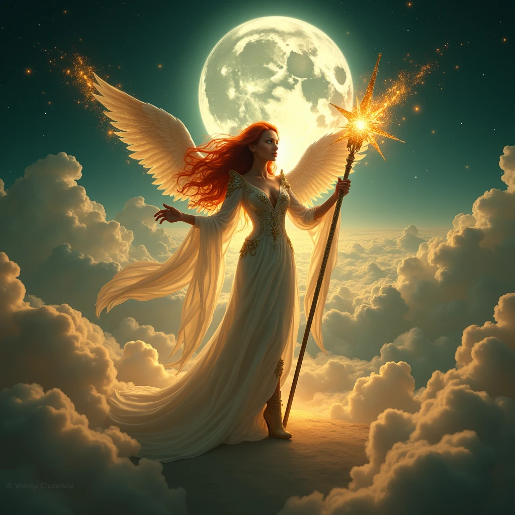 In the celestial expanse of fantasy heaven, a majestic Aasimar sorceress stands tall, bathed in divine light, as she unleashes a blazing spell. Set against a panoramic backdrop of a full moon, twinkling stars, and wispy clouds, her figure is rendered in photorealistic detail, with high-heel boots and flowing red locks billowing behind her. Her intense green gaze pierces the radiance, as her staff crackles with energy, illuminating the delicate features of her ultra-feminine visage. Angelic wings, spread wide like embracing arms, frame her silhouette against the soft focus of the clouds, while the cinematic lighting casts a dramatic shadow on the heavens, highlighting the sorceress's regal presence , retina, accurate, masterpiece, super detail, high details, best quality, award winning, highres, HD, 4K, 8k, 16k,
