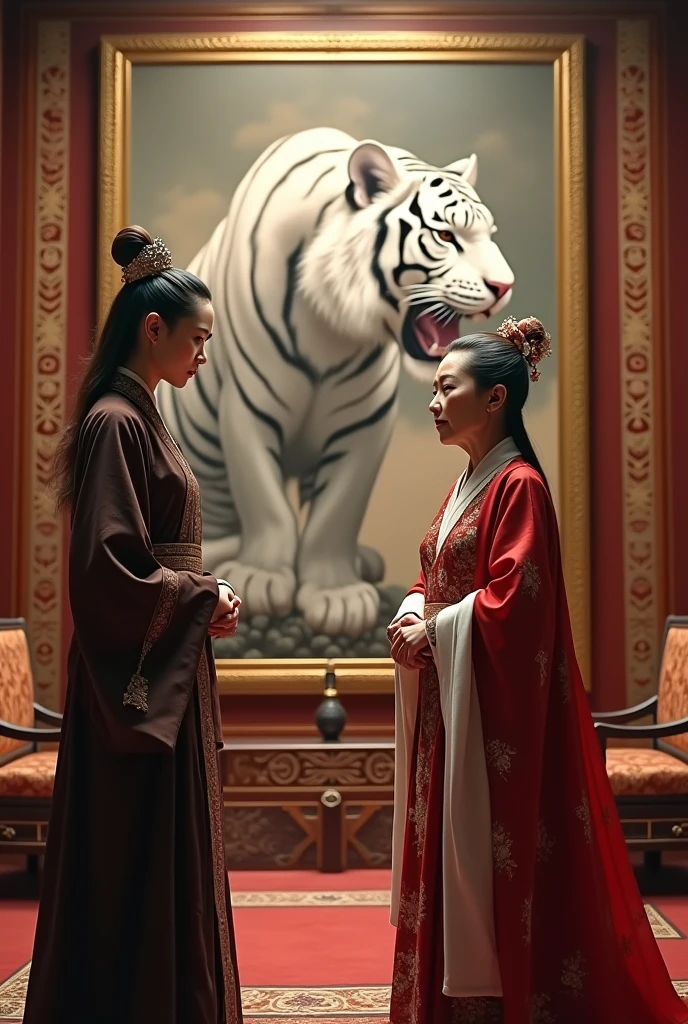 A beautiful and fierce-looking young woman in a dark brown dress of a Han Fu Dynasty official in full regalia stands with a large picture on the table in front of the old empress in a red and white dress in full regalia who is looking at a lifelike painting of a large white tiger in a frame on the wall of the reception room. The atmosphere of the room is decorated with luxurious patterns in the era of the great dynasty.
