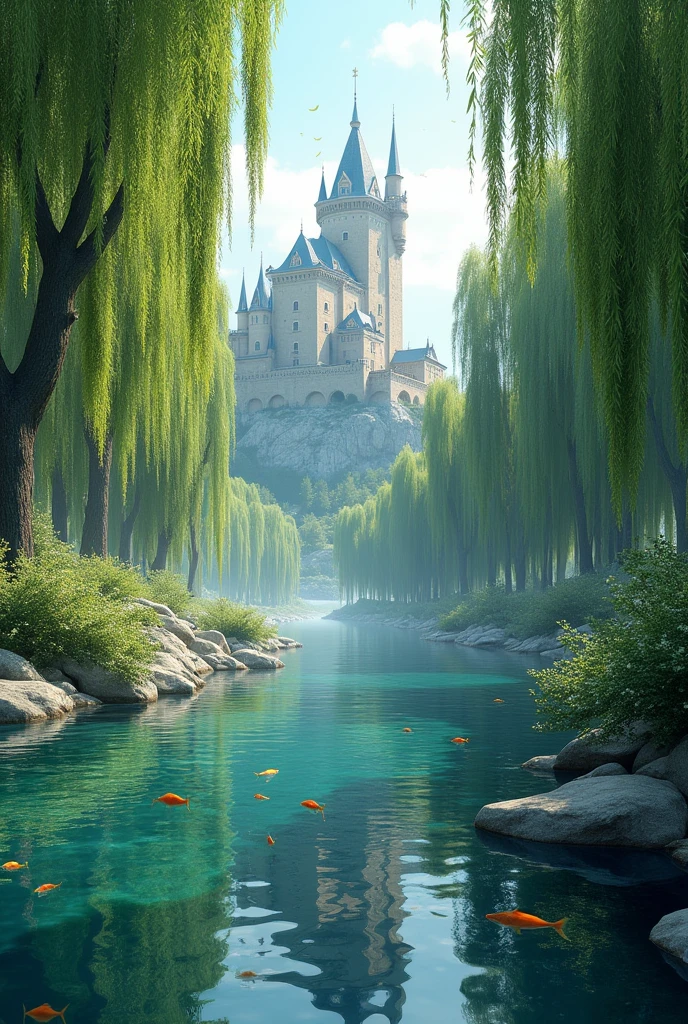 Beautiful royal river, surrounded by leaves flying in the wind, very detailed with stones and some fish swimming around, with some light reflections that emerge from the beautiful weeping willow trees that surround it and a Monaco castle in the background 