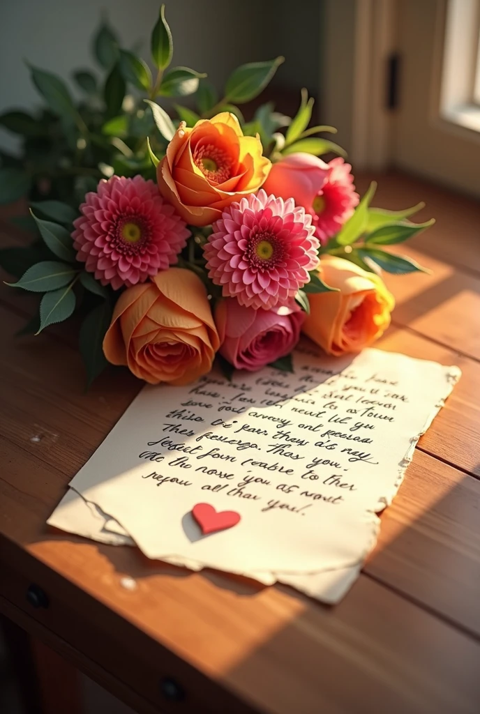 A letter is in the basket with the bouquet of flower, on the table