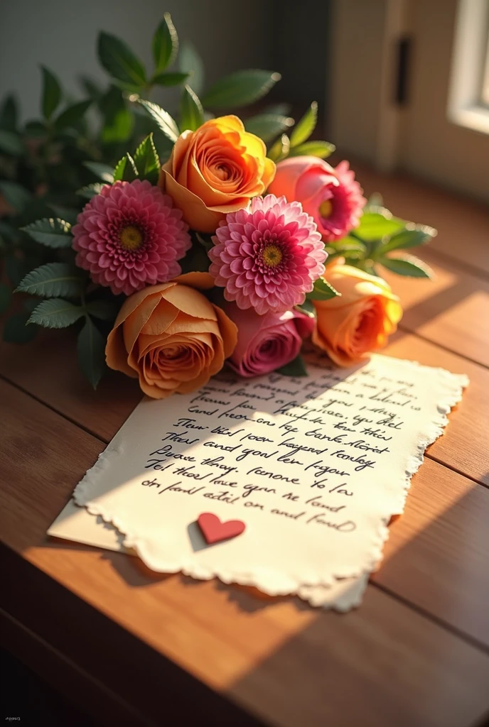 A letter is in the basket with the bouquet of flower, on the table