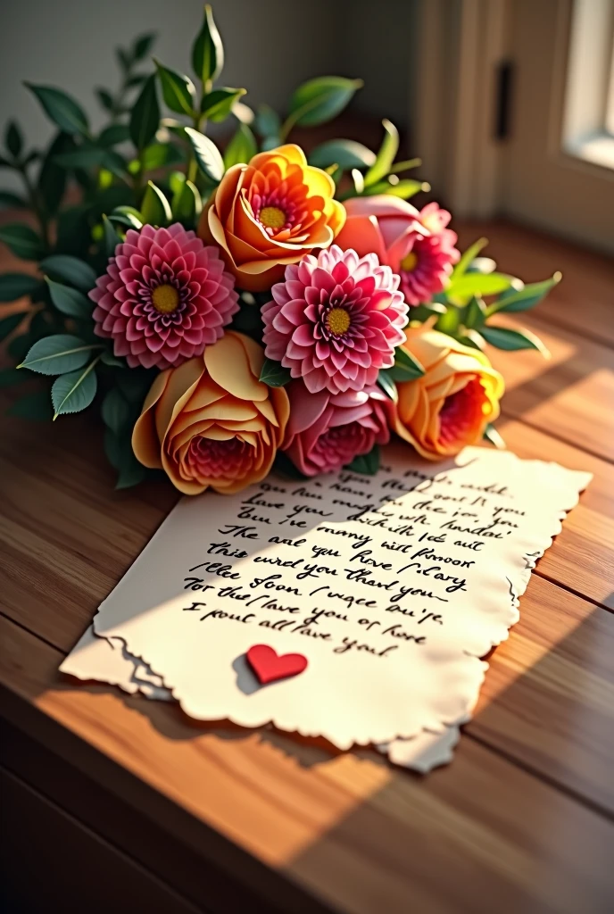 A letter is in the basket with the bouquet of flower, on the table