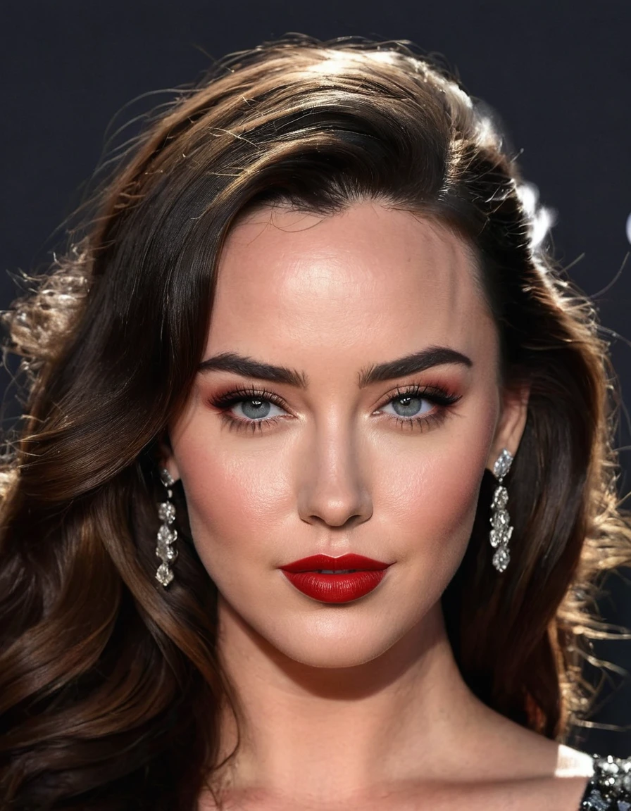 A waist-up portrait of a beautiful female whose facial features are a combination of Katherine Langford + Megan Fox. The female has lovely makeup on her face. The female wears red lipstick. Symmetrical eyes. Symmetrical face. Lovely details. Photorealistic. Full-colored photo. Professional photo. Highly detailed 8K.
