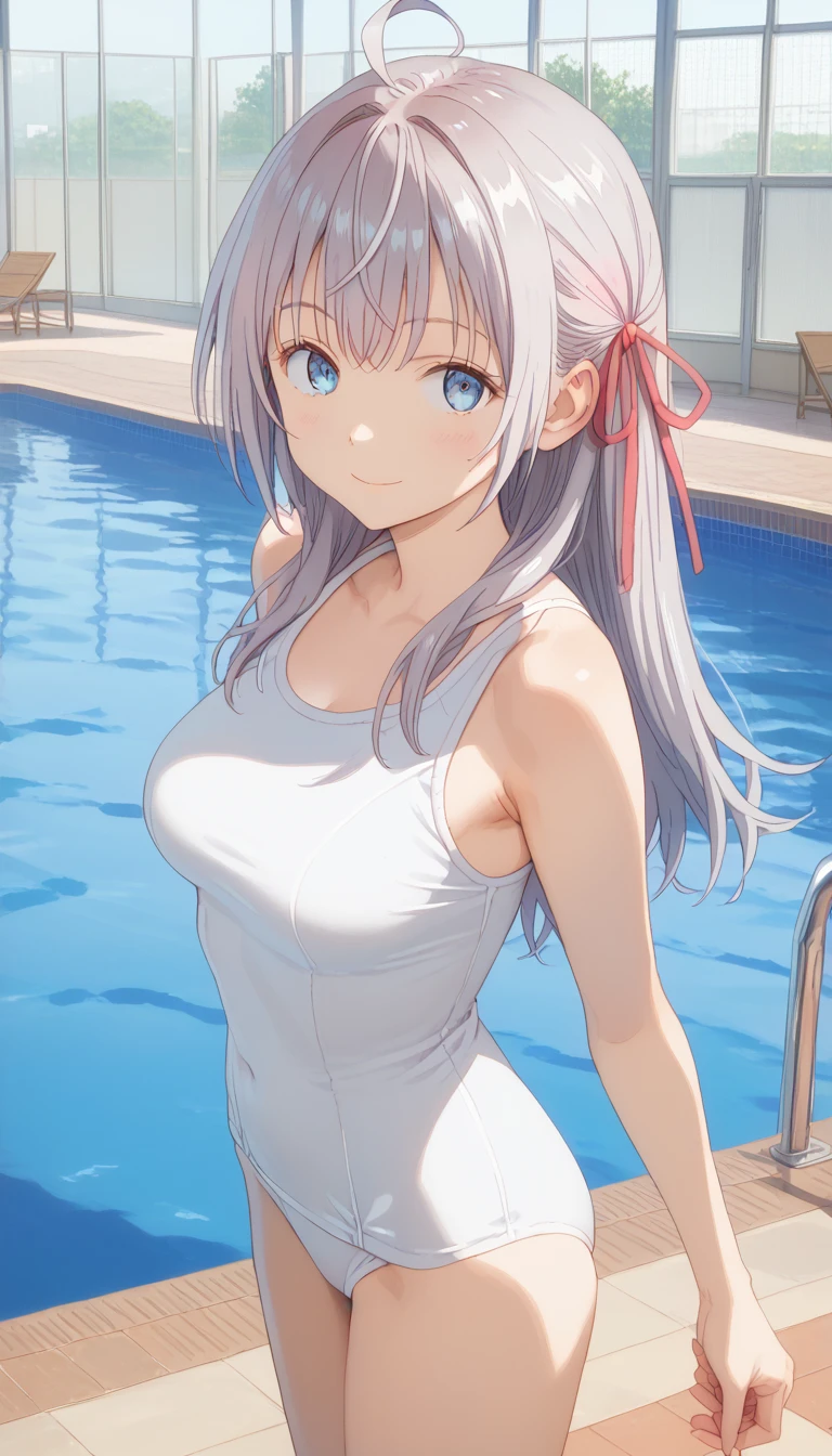 score_9, score_8_up, score_7_up, source_anime, masterpiece, absurdres, medium breasts, mature woman ,perfect face, 1girl, cute expression, smiling, looking at viewer, standing, arched back, pool, alisamikhailovna, alisamikhailovna kujou, long hair, bangs, blue eyes, ahoge, gray hair, red ribbon, white school swimsuit