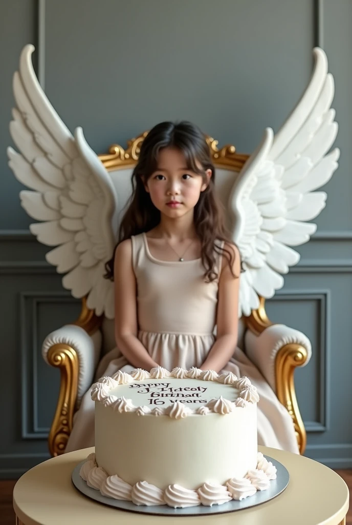 create realistic image A  girl is sitting on a queen chair with white wings and behind him the color of the wall is gray on side a cake which "simran happy birthday years 16" is written in curve style