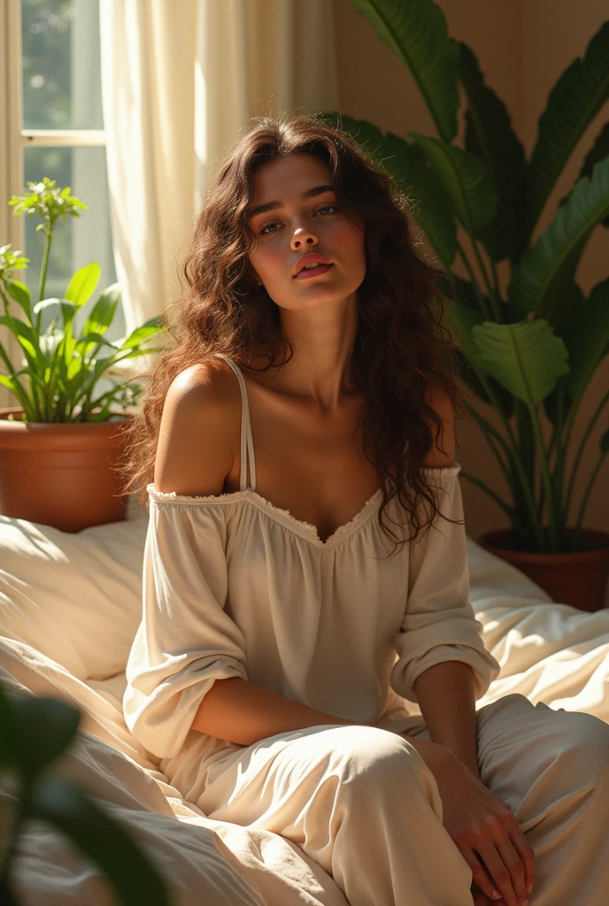 (photorealism:1.2), beautiful woman, sitting on bed, wearing loose off-shoulder top, pajama pants, long curly hair, indoors, soft lighting, plants in background, window with sunlight, cozy room, relaxed pose, realistic, intricate details, warm colors, by Greg Rutkowski, by Alphonse Mucha NAKED